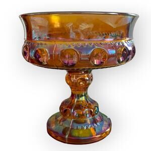 Vintage Lustre Amber Carnival Thumbprint Candy Dish Compote Midcentury Glassware